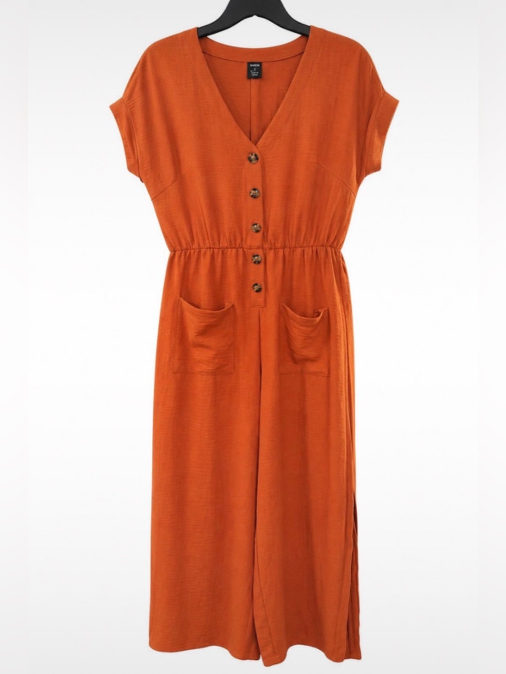 Rust Orange Button-Front Romper with Pockets – Size Small